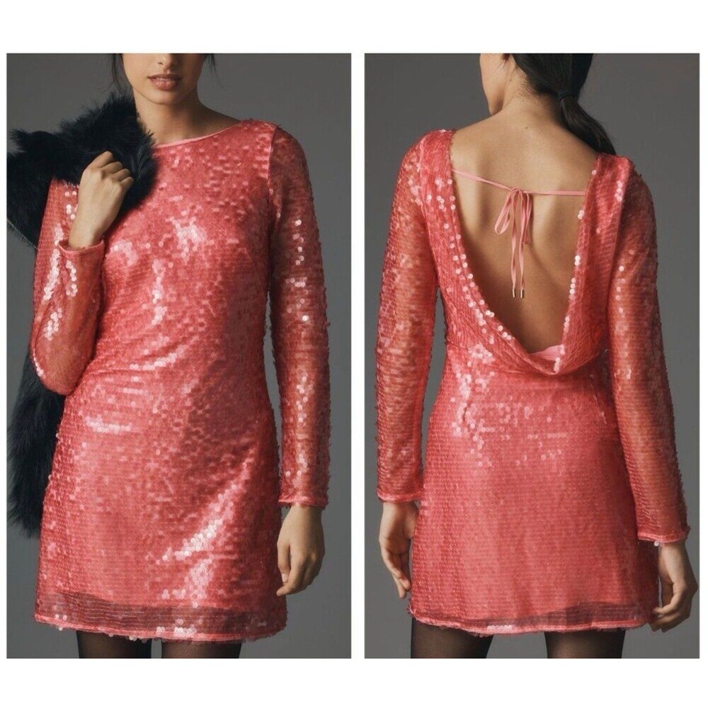 Anthropologie pink Sequin Long sleeve Drape open back mini dress size 8 NWT
